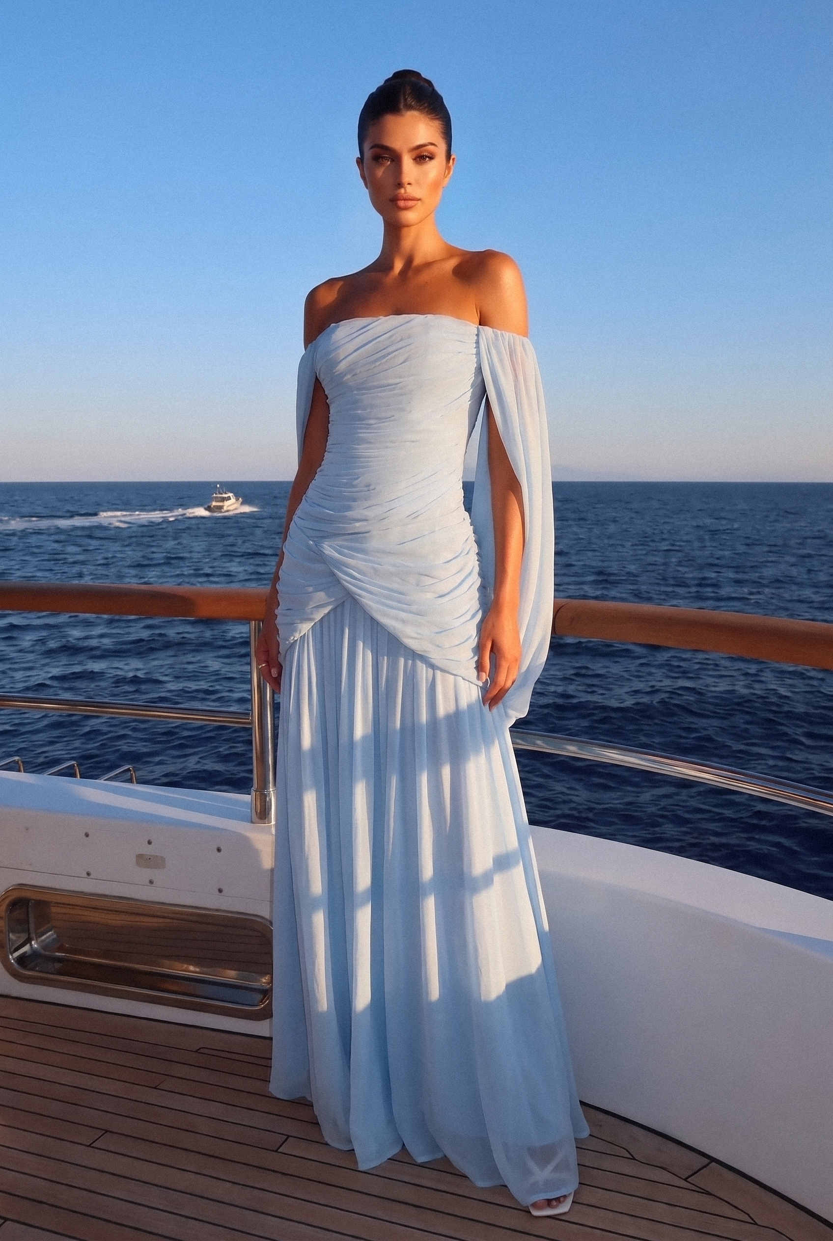 Simply Irresistible Blue Off Shoulder Ruched Cape Sleeve Maxi Dress