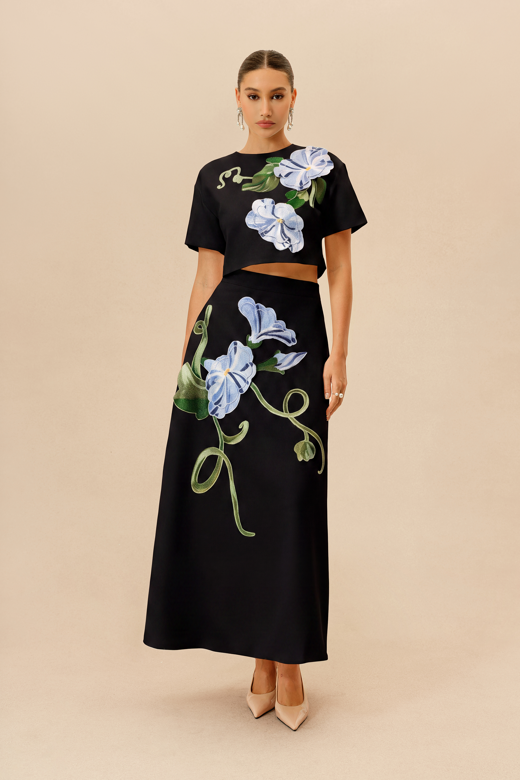 Enchanted Garden Black Floral Applique Cropped Top & Maxi Skirt Set