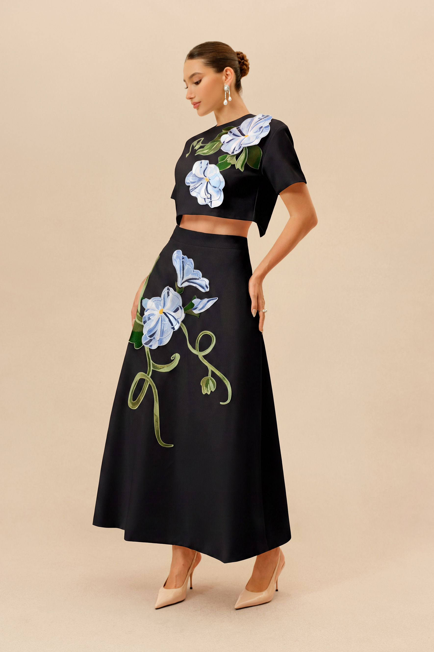 Enchanted Garden Black Floral Applique Cropped Top & Maxi Skirt Set