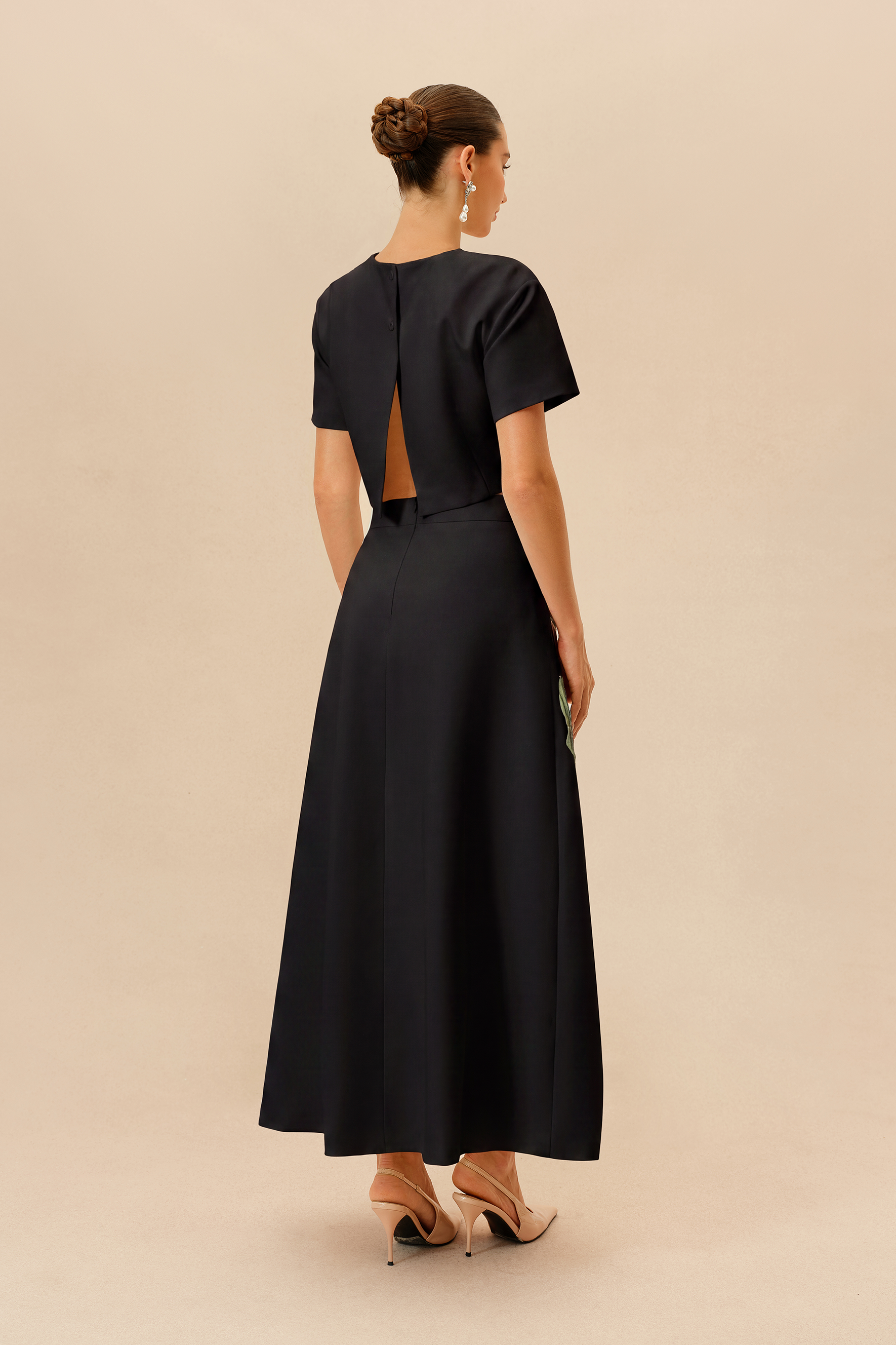 Enchanted Garden Black Floral Applique Cropped Top & Maxi Skirt Set