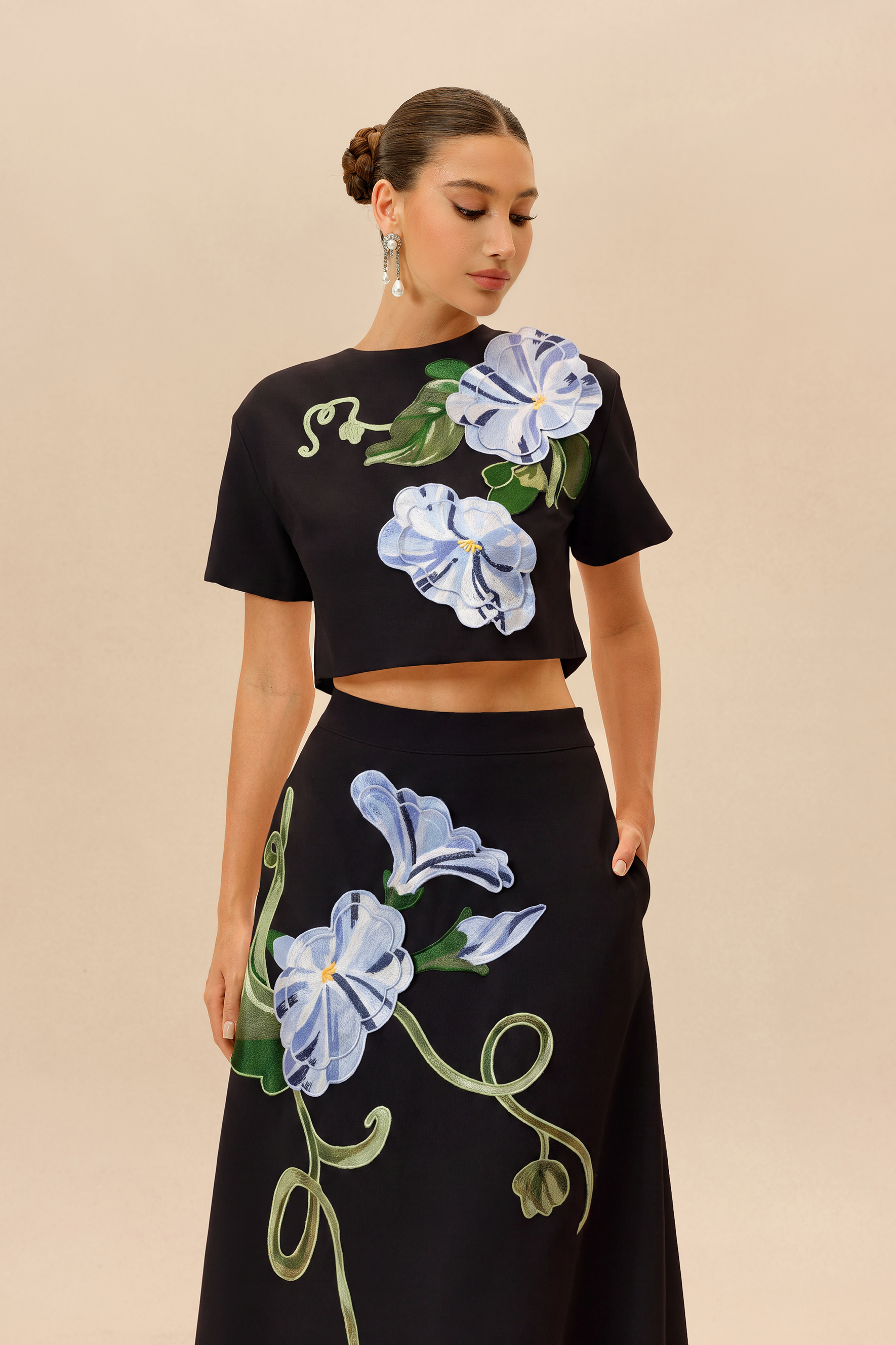 Enchanted Garden Black Floral Applique Cropped Top & Maxi Skirt Set