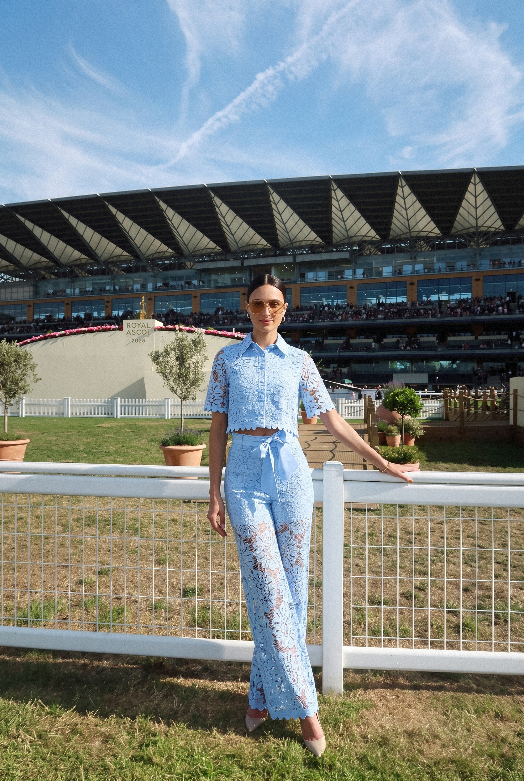 Vacation Mode Blue Floral Lace Cropped Top & Wide Leg Pants Set