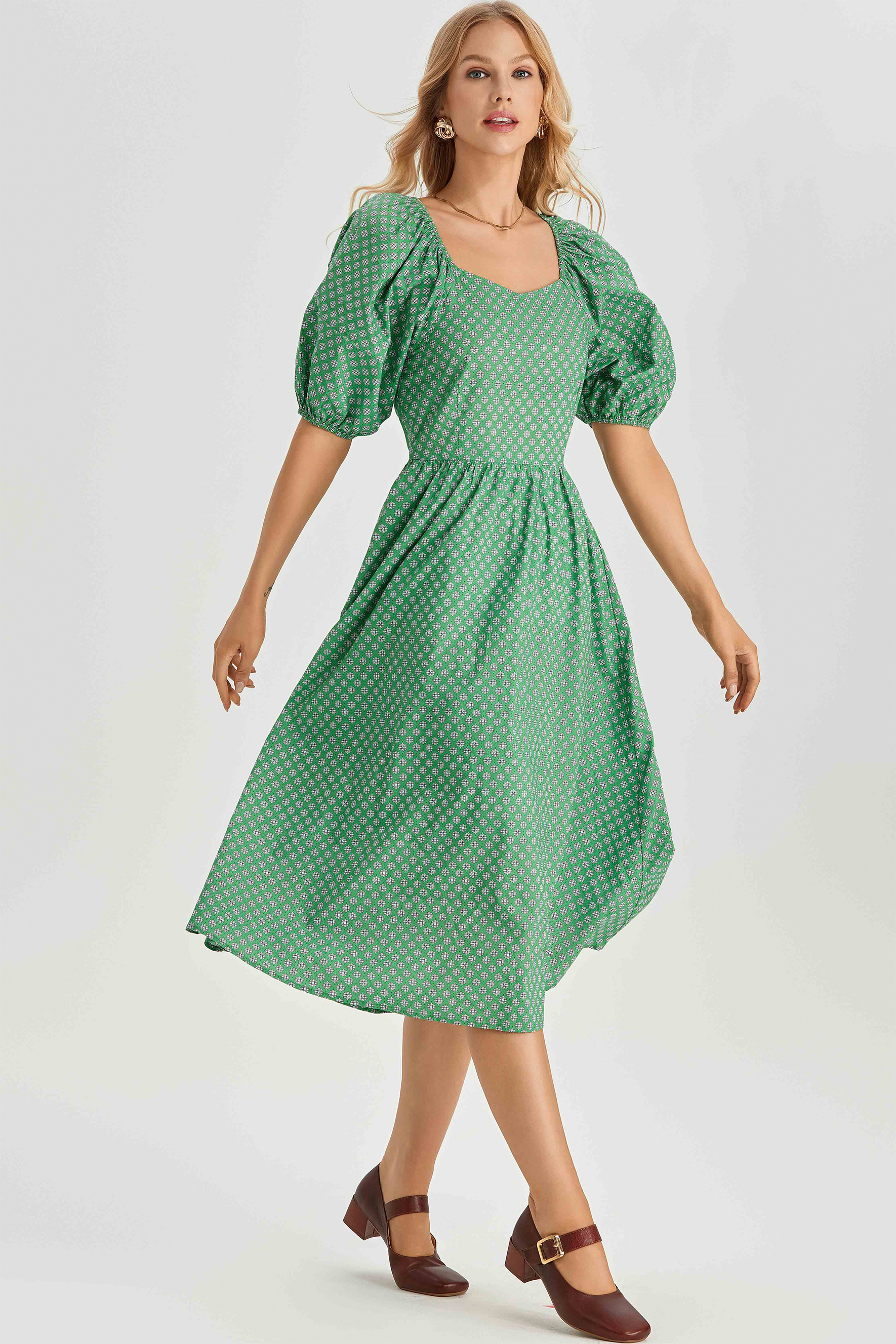 Lorena Print Balloon Sleeve Midi Dress