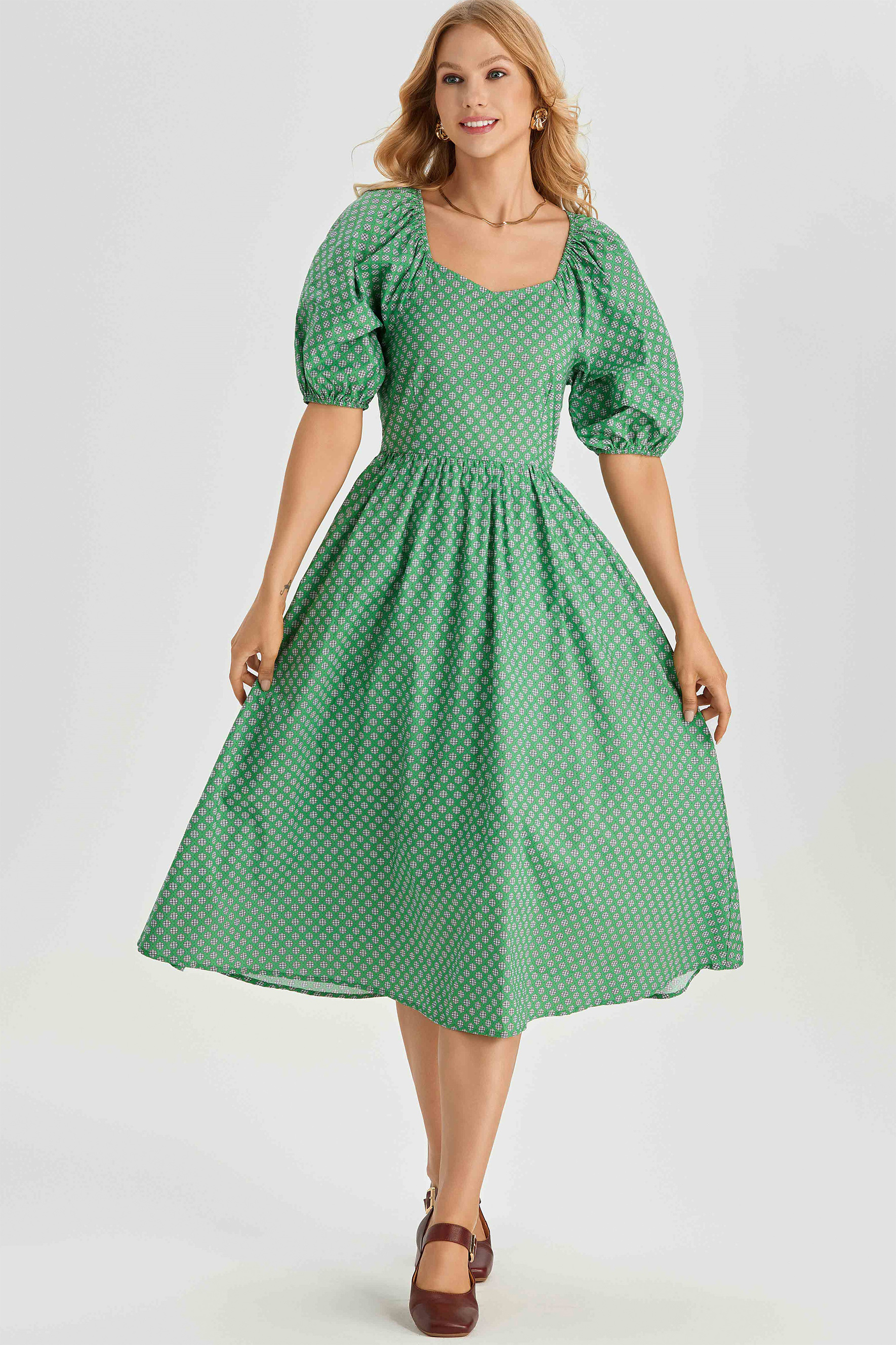 Lorena Print Balloon Sleeve Midi Dress