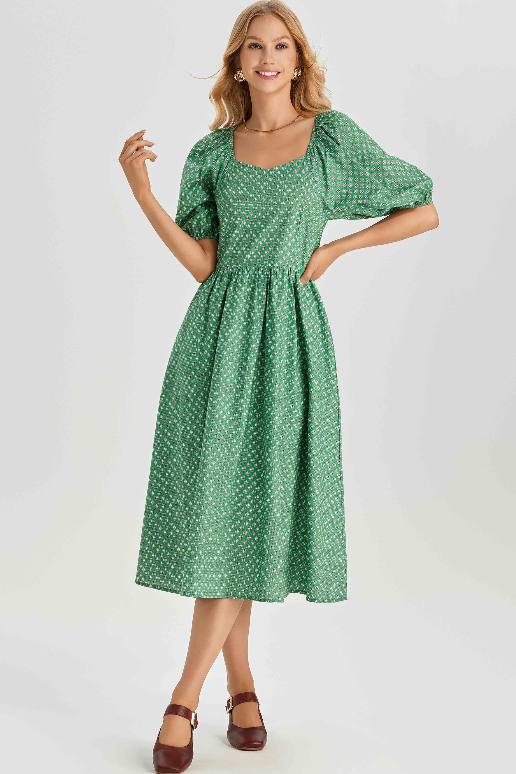 Lorena Print Balloon Sleeve Midi Dress