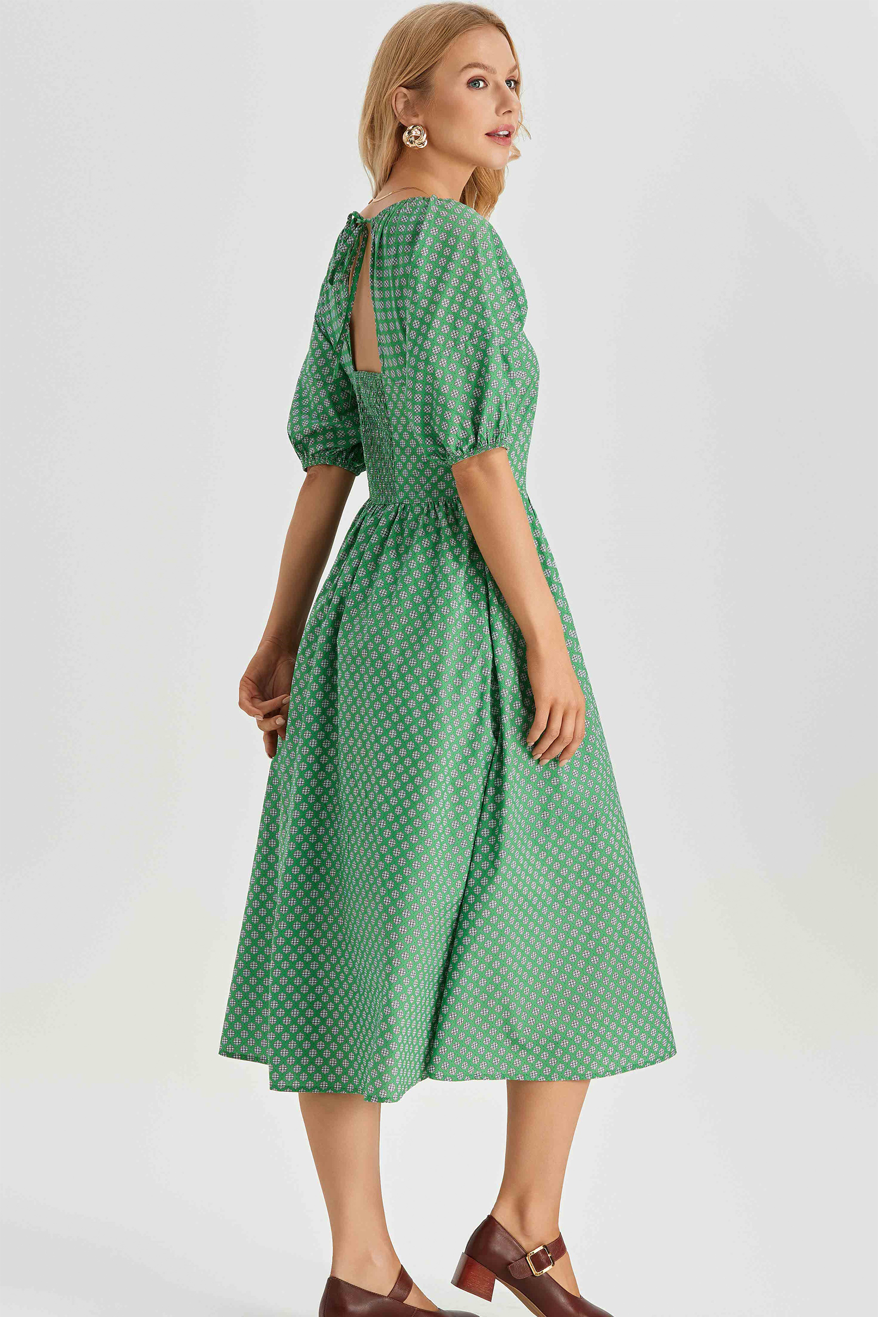 Lorena Print Balloon Sleeve Midi Dress