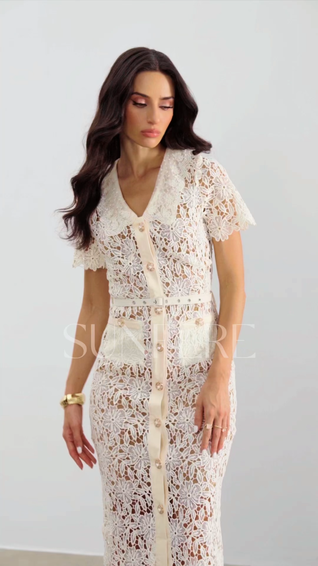Annette V Neck Embroidered Lace Midi Dress