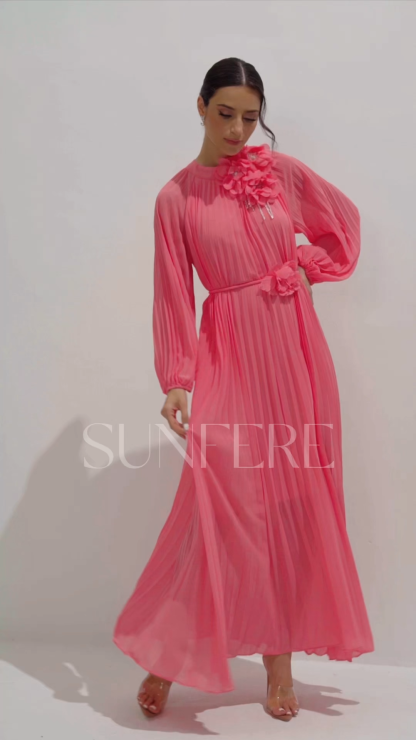 Irene Floral Applique Pleated Chiffon Maxi Dress