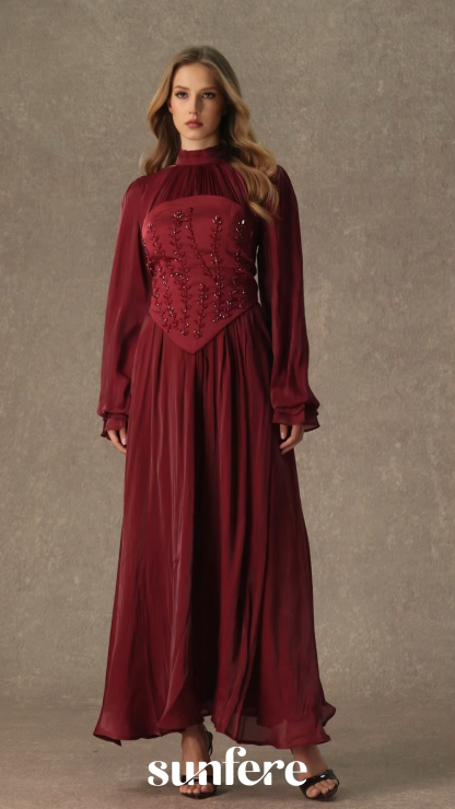 Composed Elegance Burgundy Bead Embroidered Corset Maxi Dress