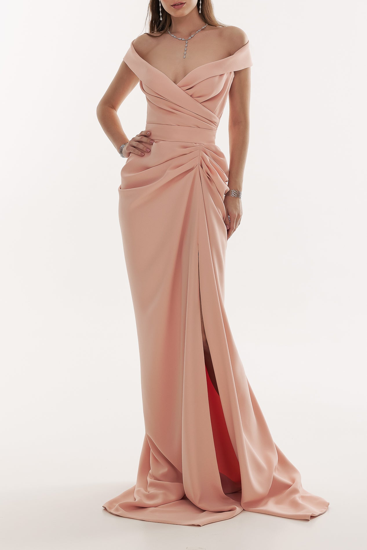 Captivating Personality Pink Off Shoulder Side Slit Maxi Dress