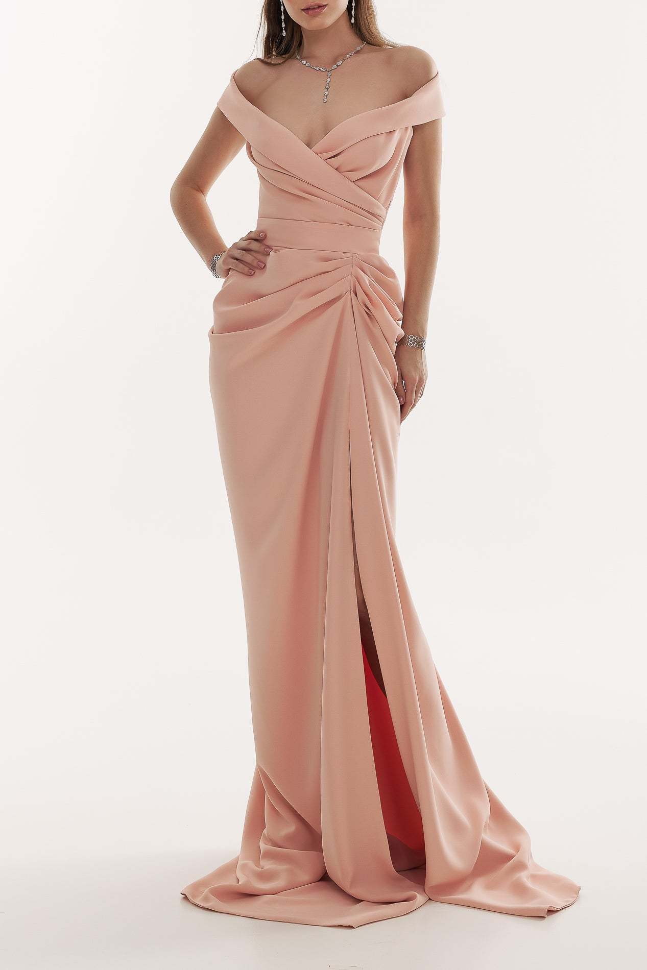 Captivating Personality Pink Off Shoulder Side Slit Maxi Dress