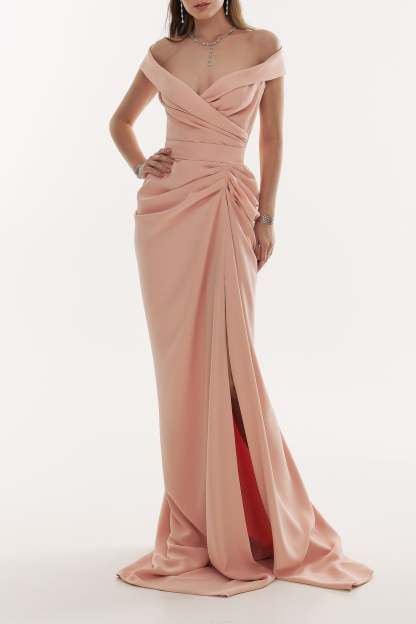 Captivating Personality Pink Off Shoulder Side Slit Maxi Dress