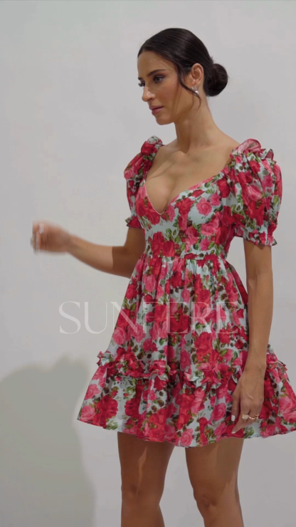 Doris Floral Print V-neck Mini Dress
