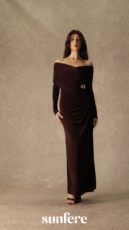 Always Remarkable Brown Off Shoulder Gathered Maxi Dress