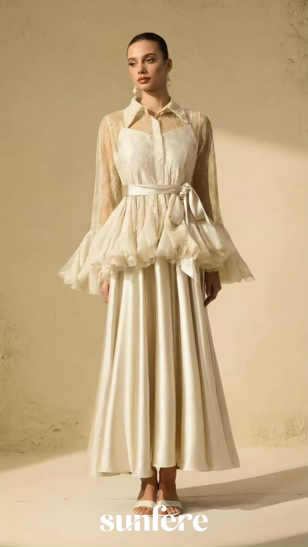 Soft Morning Mist Apricot Sheer Ruffled Blouse & Satin Dress Set