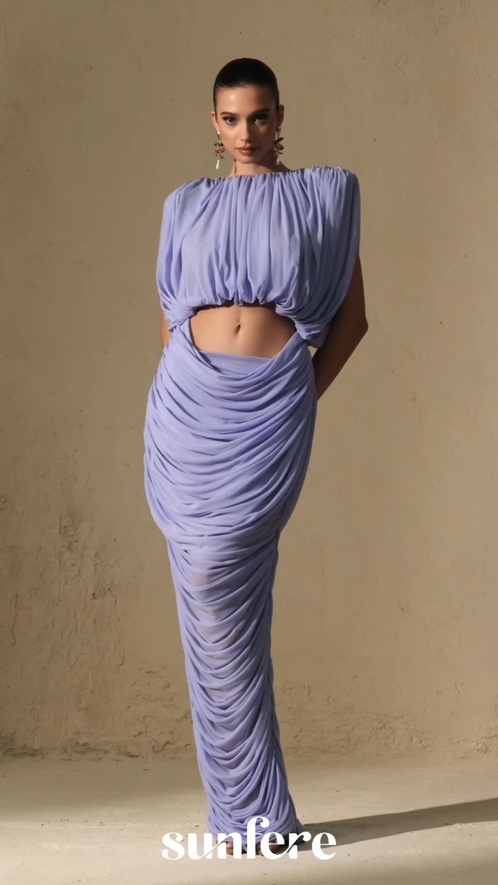 One Of One Lavender Blue Draped Crop Top & Ruched Column Skirt Set