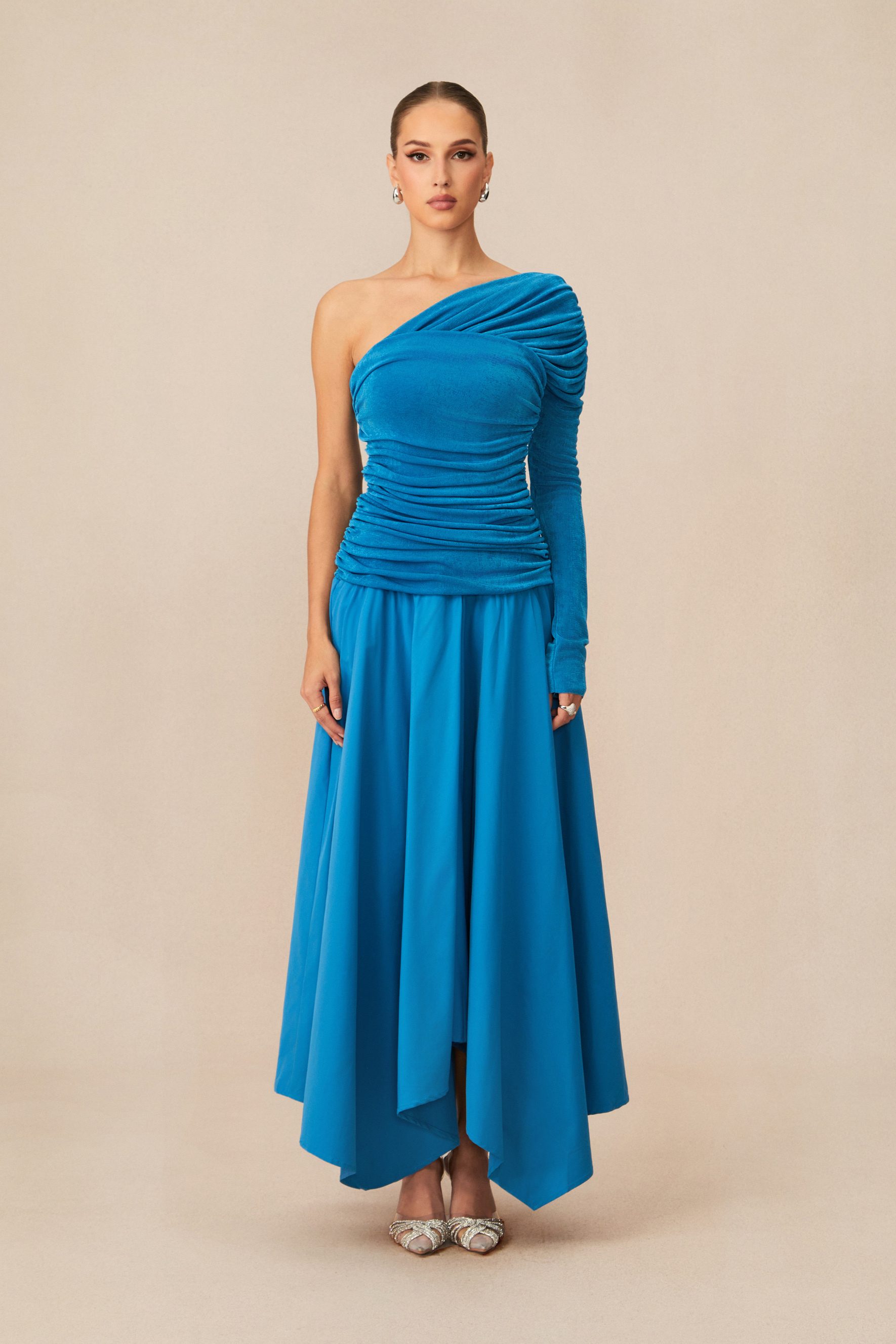 sunfere Jane One Shoulder Asymmetric Hem Maxi Dress