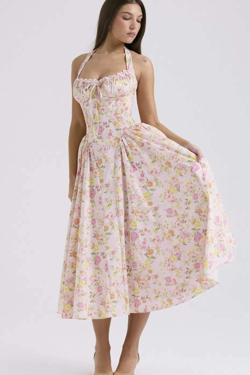Abigail Printed Halterneck Corset Midi Dress-Sunfere