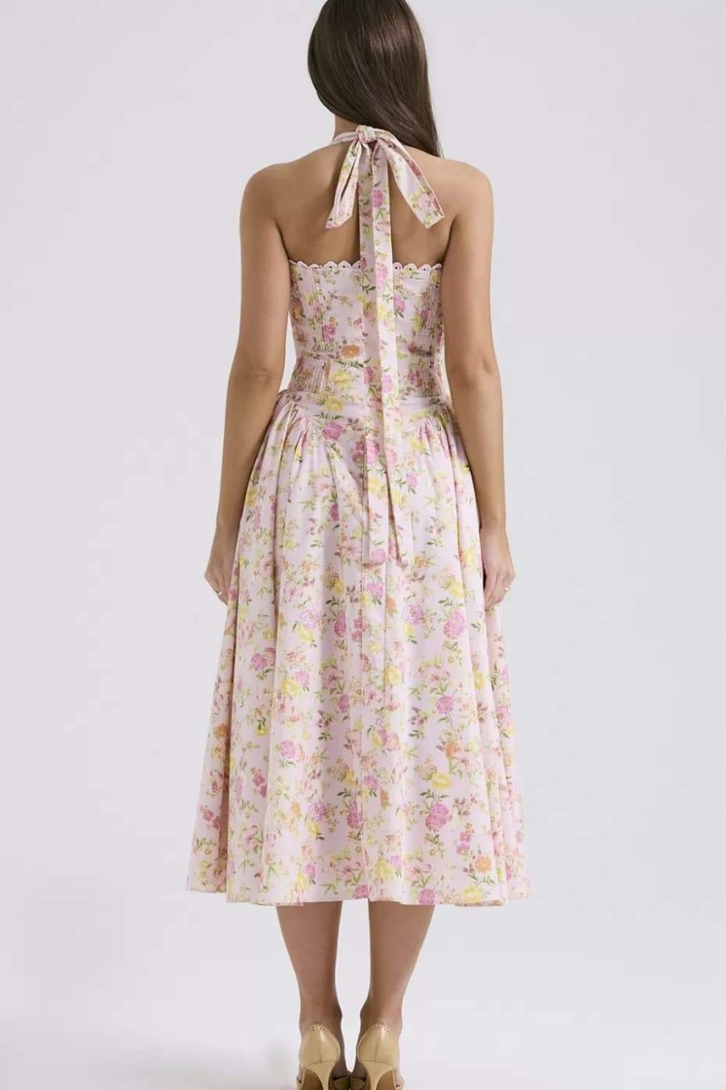 Abigail Printed Halterneck Corset Midi Dress-Sunfere