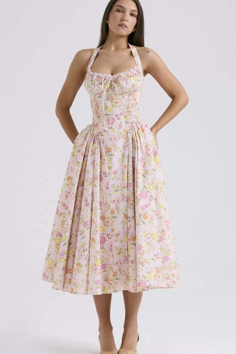Abigail Printed Halterneck Corset Midi Dress-Sunfere