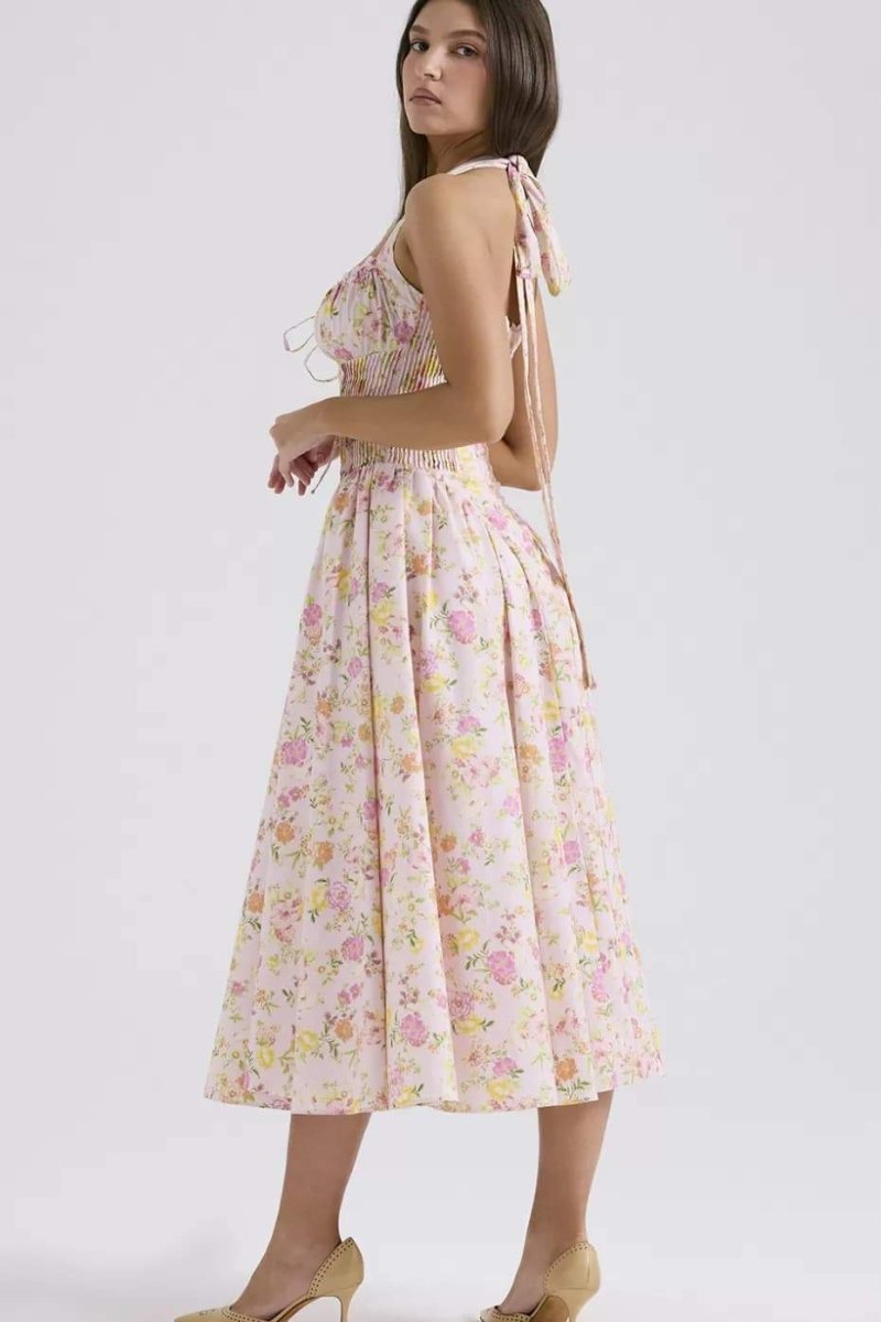 Abigail Printed Halterneck Corset Midi Dress-Sunfere