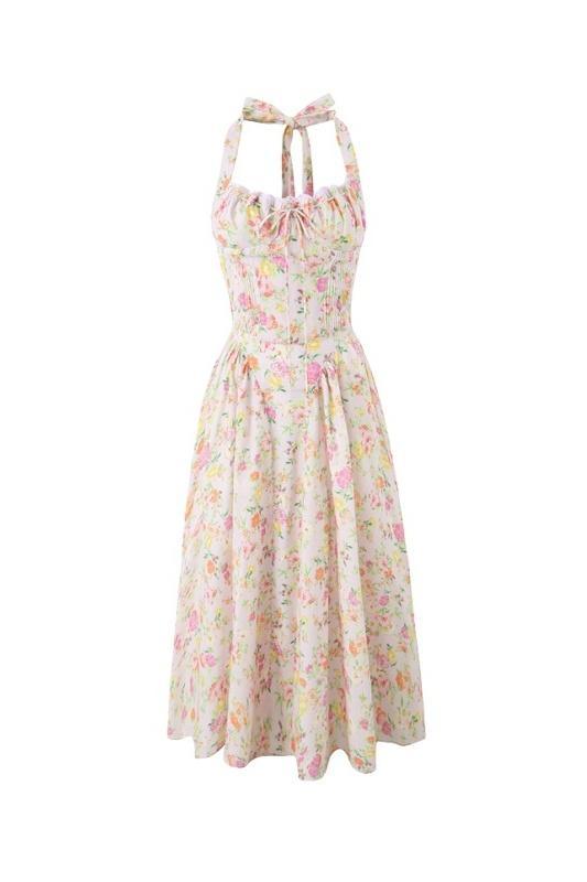 Abigail Printed Halterneck Corset Midi Dress-Sunfere