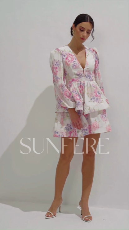 Bianca Floral Print Deep V-neck Mini Dress