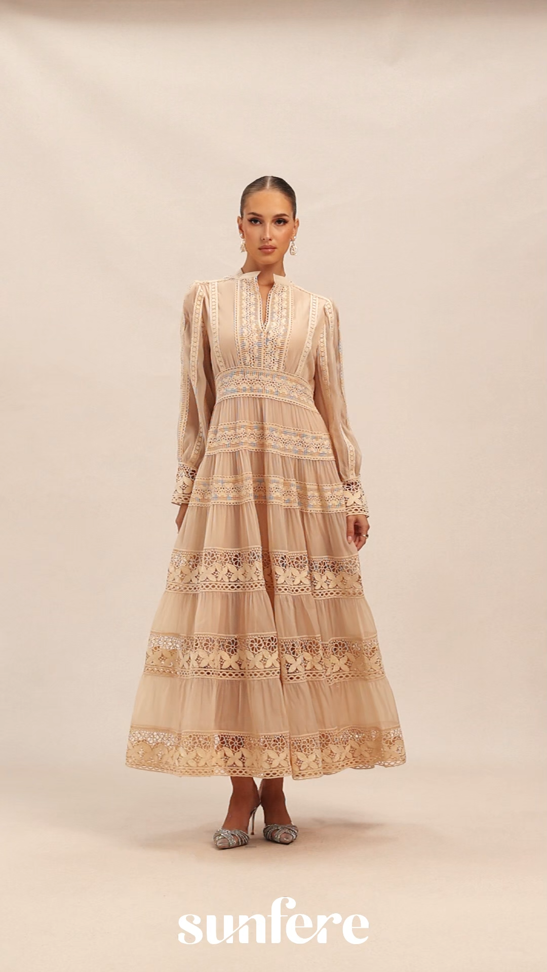 Romantic Antique Beige Embroidered Lace Maxi Dress
