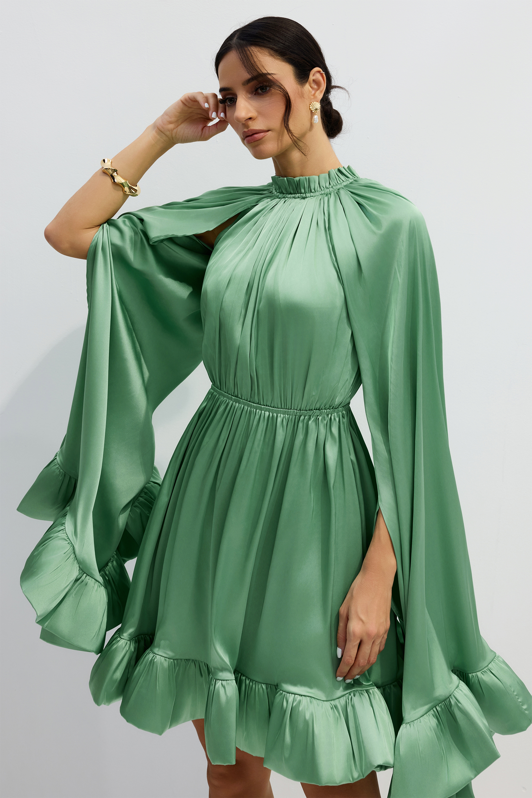 Octavia Cape Sleeve Ruffle Hem Mini Dress