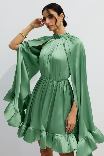 Octavia Cape Sleeve Ruffle Hem Mini Dress