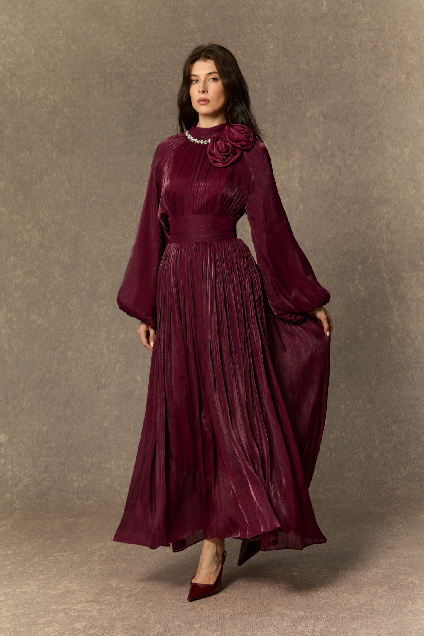 sunfere Beautiful Night Burgundy Pearl Collared Pleated Maxi Dress or Textured Wine Satin-Crepe Midi Dress