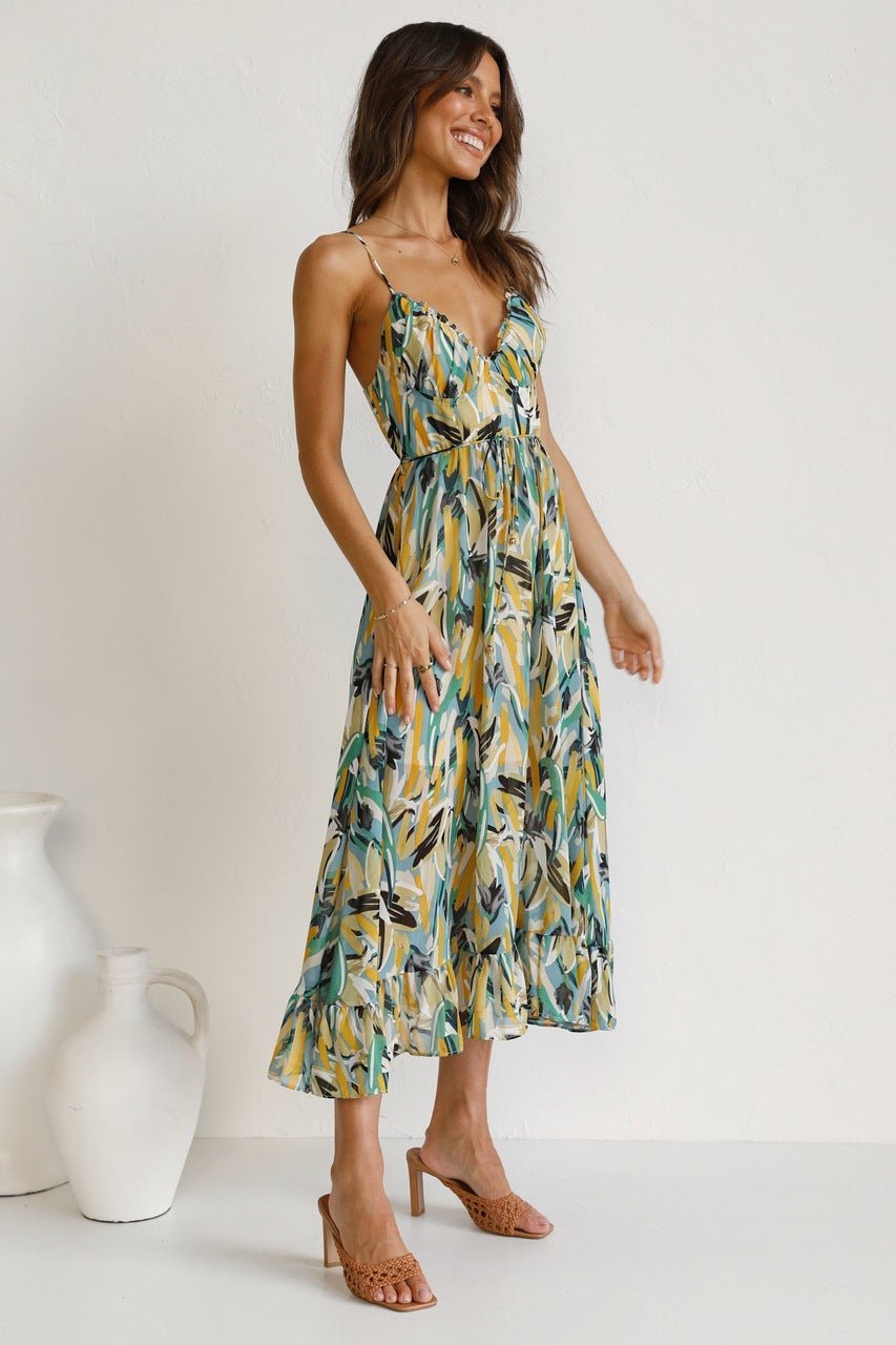Adela Printed Ruffle Trim Midi Sundress-Sunfere
