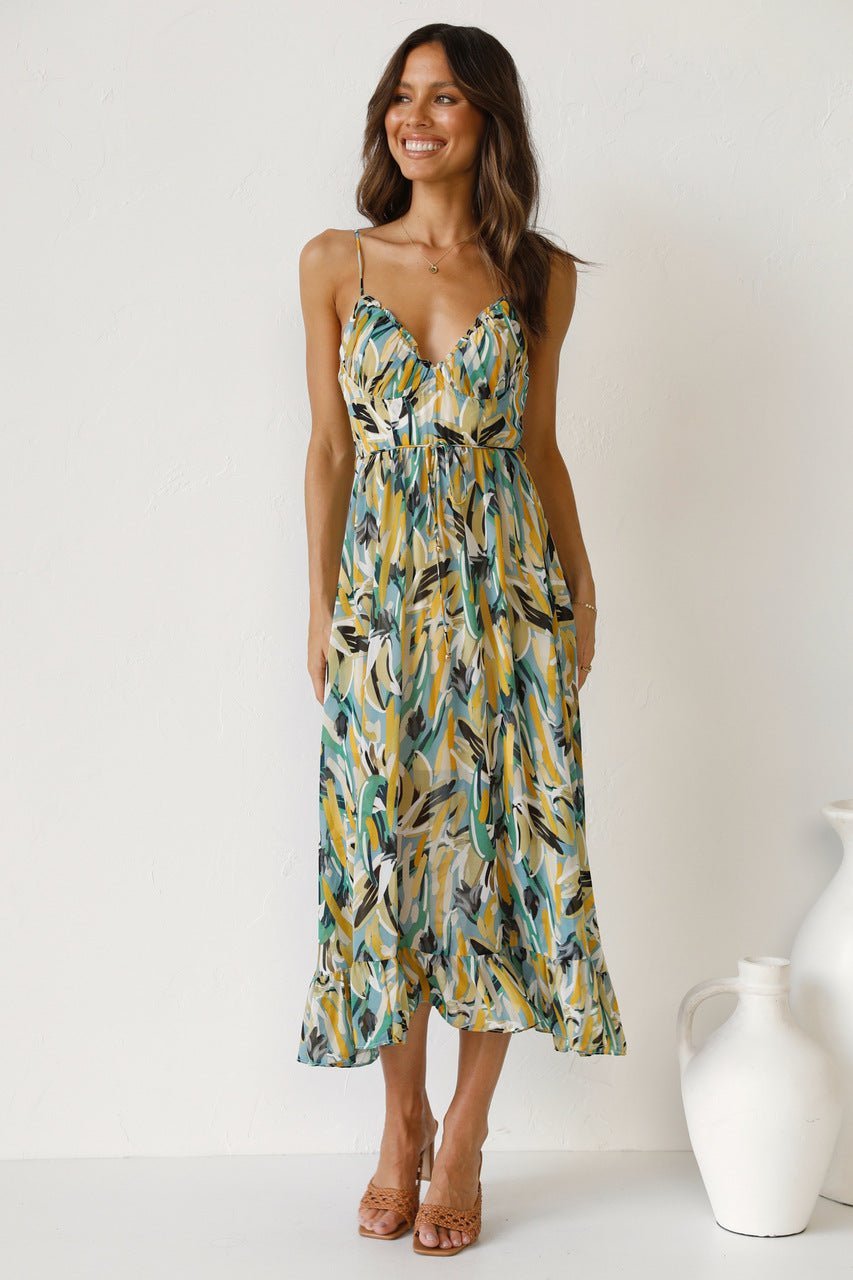 Adela Printed Ruffle Trim Midi Sundress-Sunfere