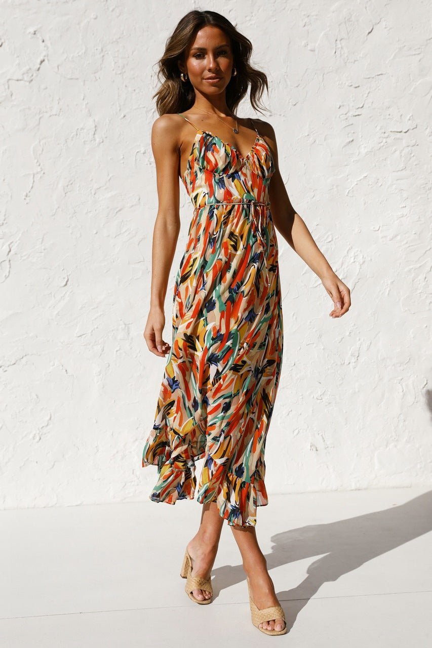 Adela Printed Ruffle Trim Midi Sundress-Sunfere