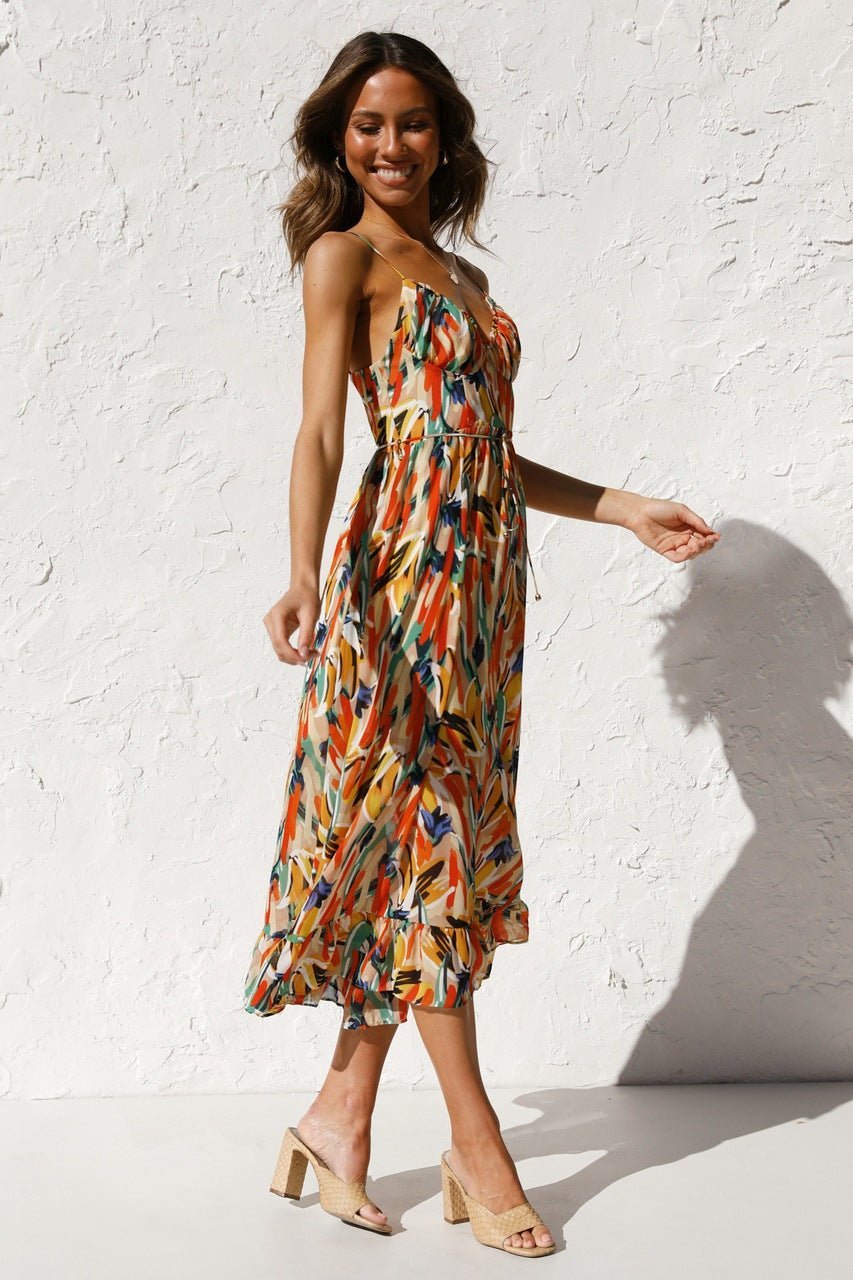 Adela Printed Ruffle Trim Midi Sundress-Sunfere