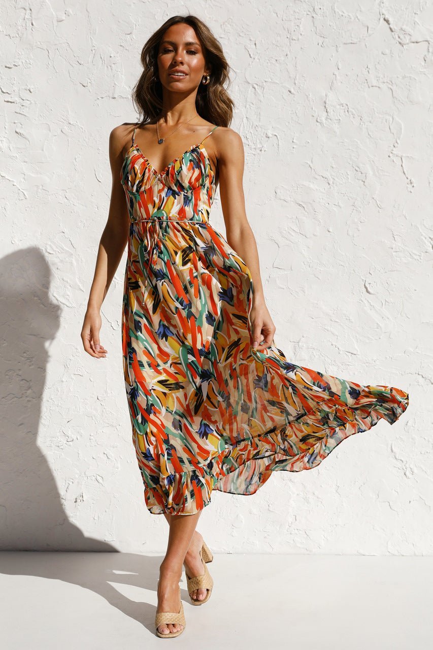 Adela Printed Ruffle Trim Midi Sundress-Sunfere