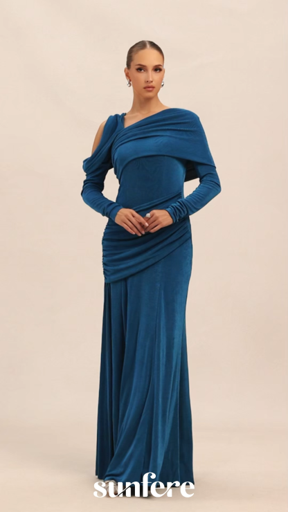 Judith Asymmetric Ruched Long Sleeve Maxi Dress