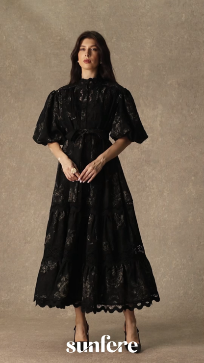 Lust At First Sight Black Puff Sleeve Lace Midi Dress