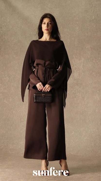 Brilliant Belle Brown Draped Cape Top & Wide Leg Pants Set