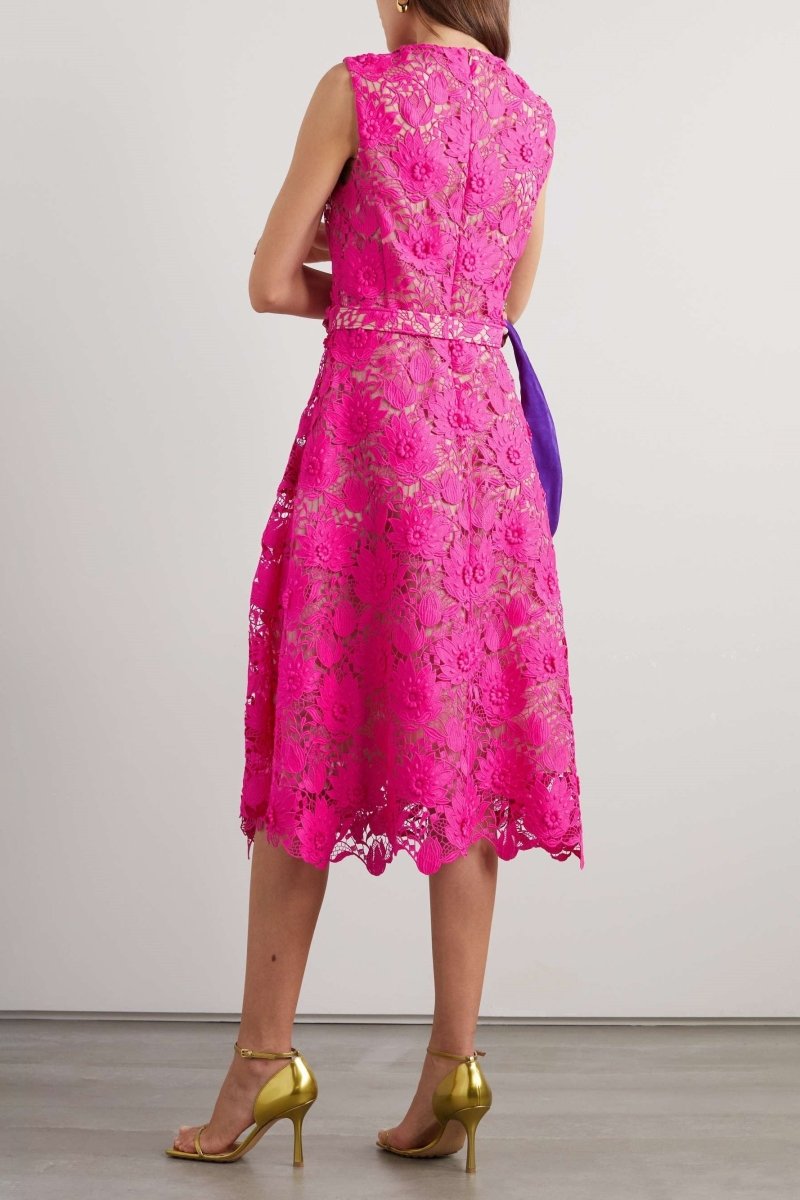 Afra Embroidered Lace Belted Midi Dress-Sunfere