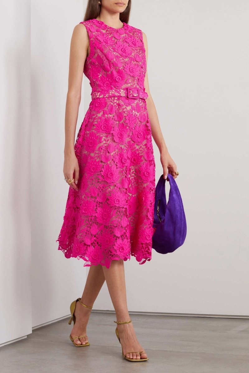 Afra Embroidered Lace Belted Midi Dress-Sunfere