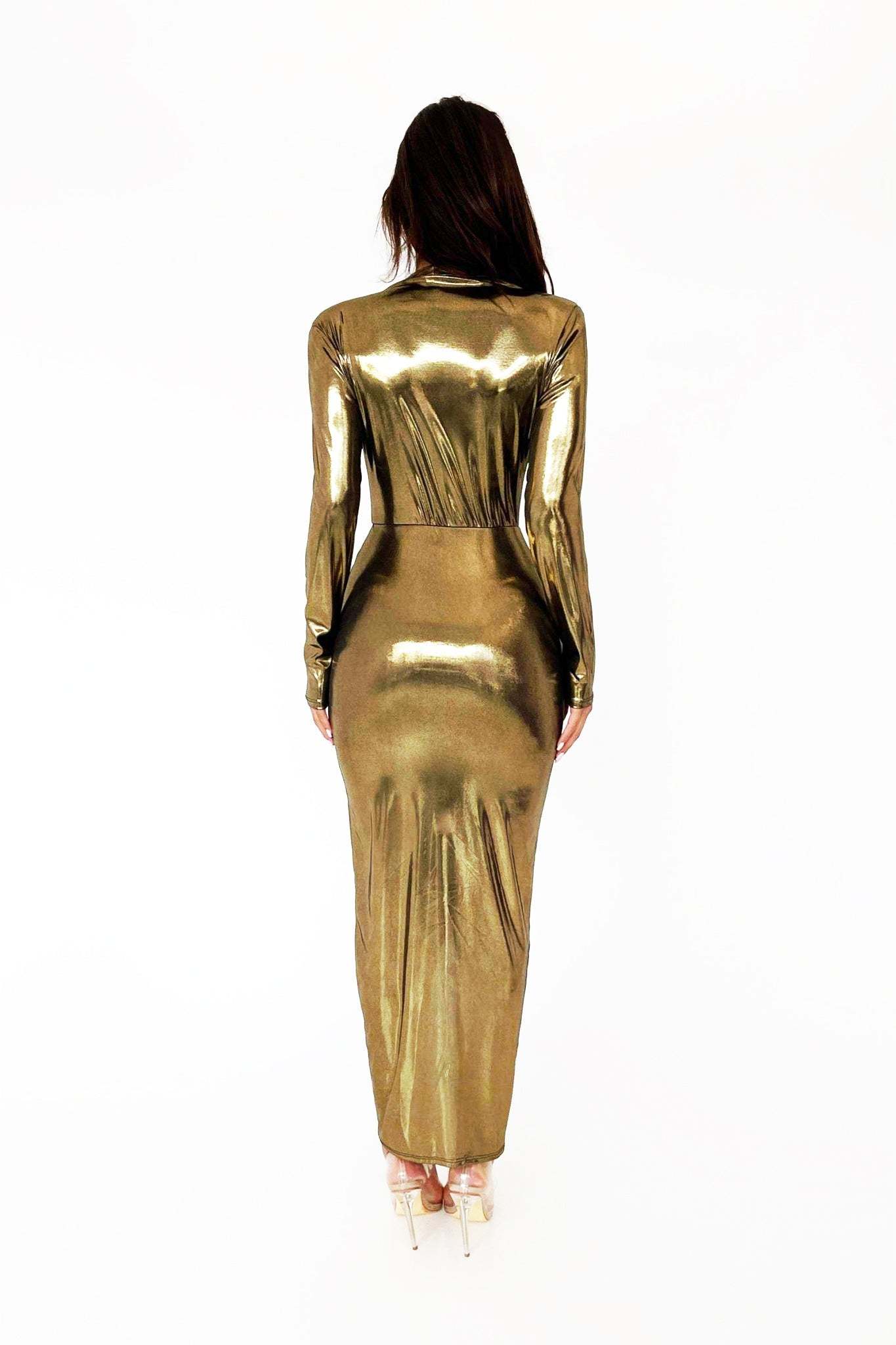 dresses-Ailiyah Metallic V-neck Slit Midi Dress-SD00210251751-Gold-S - Sunfere