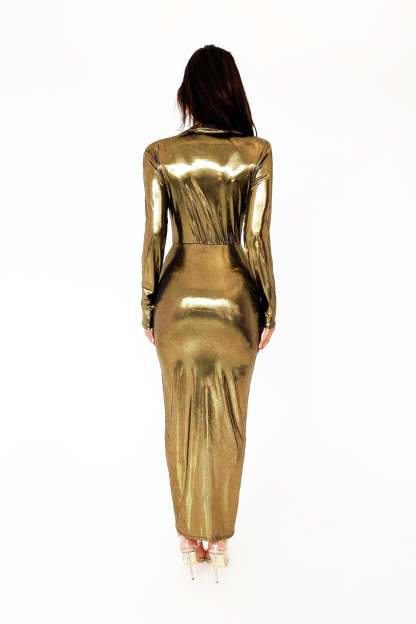 dresses-Ailiyah Metallic V-neck Slit Midi Dress-SD00210251751-Gold-S - Sunfere