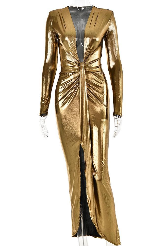 Ailiyah Metallic V-neck Slit Midi Dress