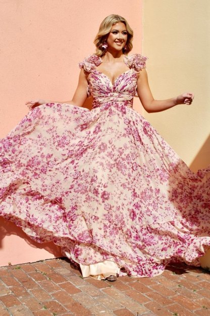 dresses-Alania Printed Ruffle Lace Up Maxi Dress-SD00205102777-Pink-S - Sunfere