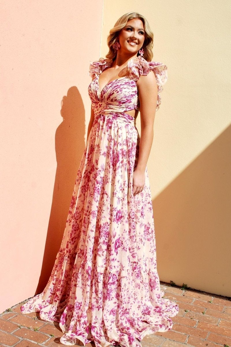 dresses-Alania Printed Ruffle Lace Up Maxi Dress-SD00205102777-Pink-S - Sunfere