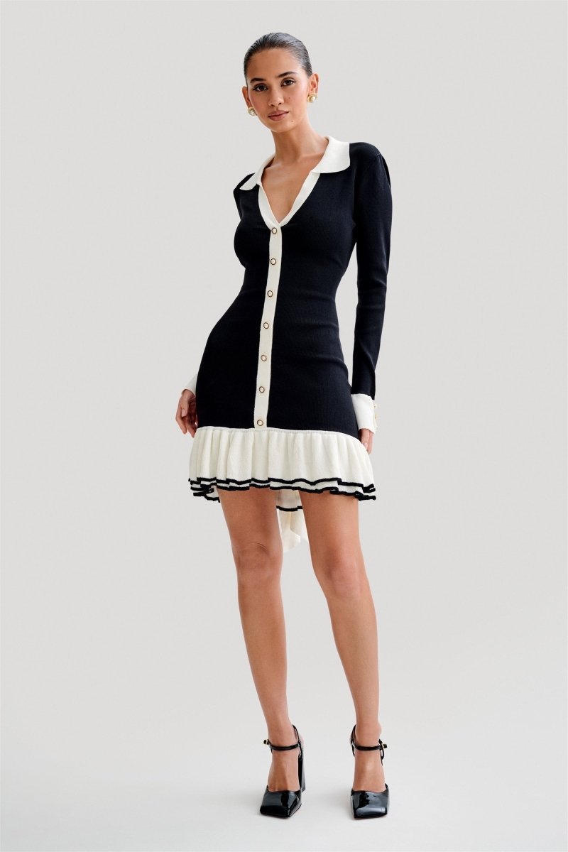 Alexia Contrast Ruffle Bow Mini Knit Dress-Sunfere