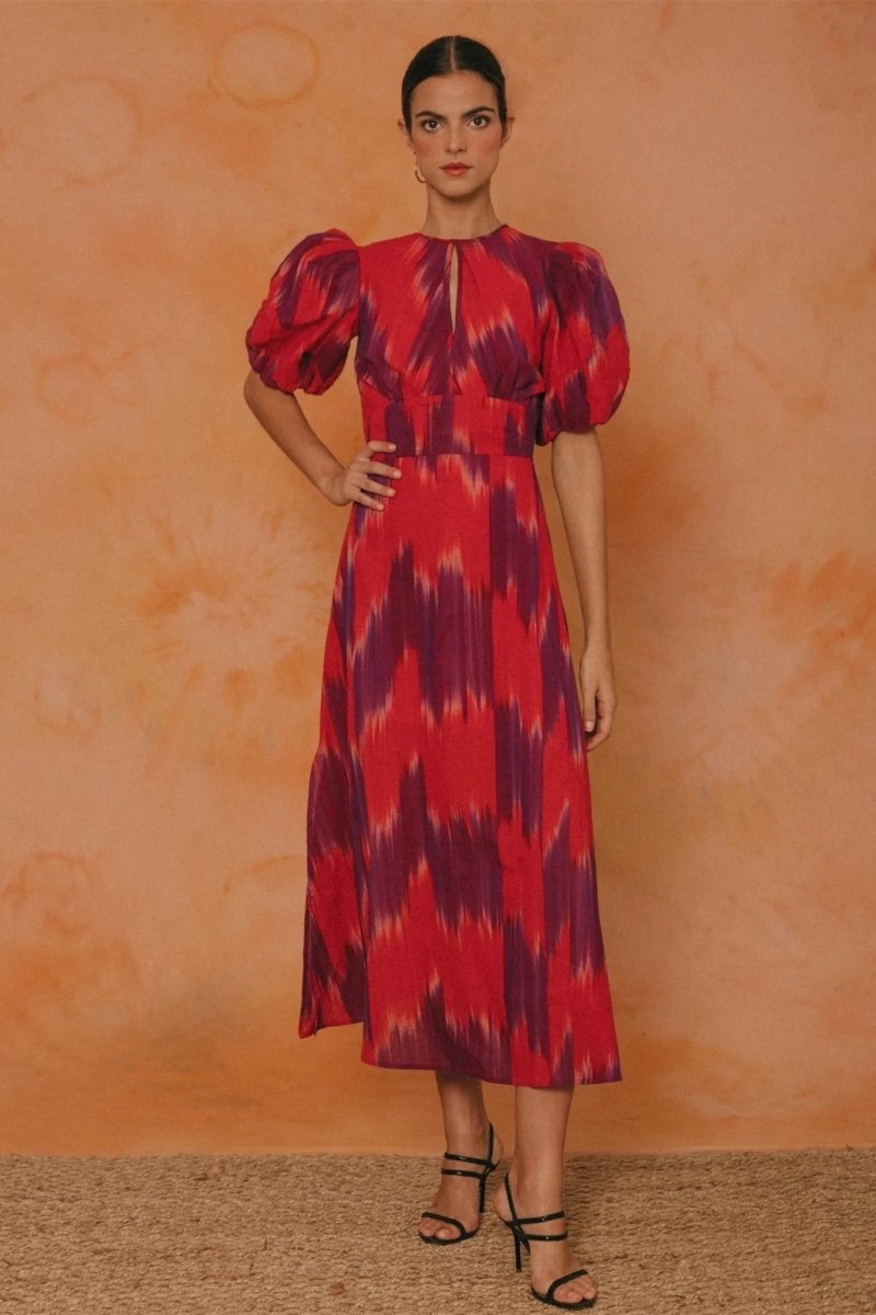 sunfere Amelia Tie Dye Balloon Sleeve Midi Dress Red M