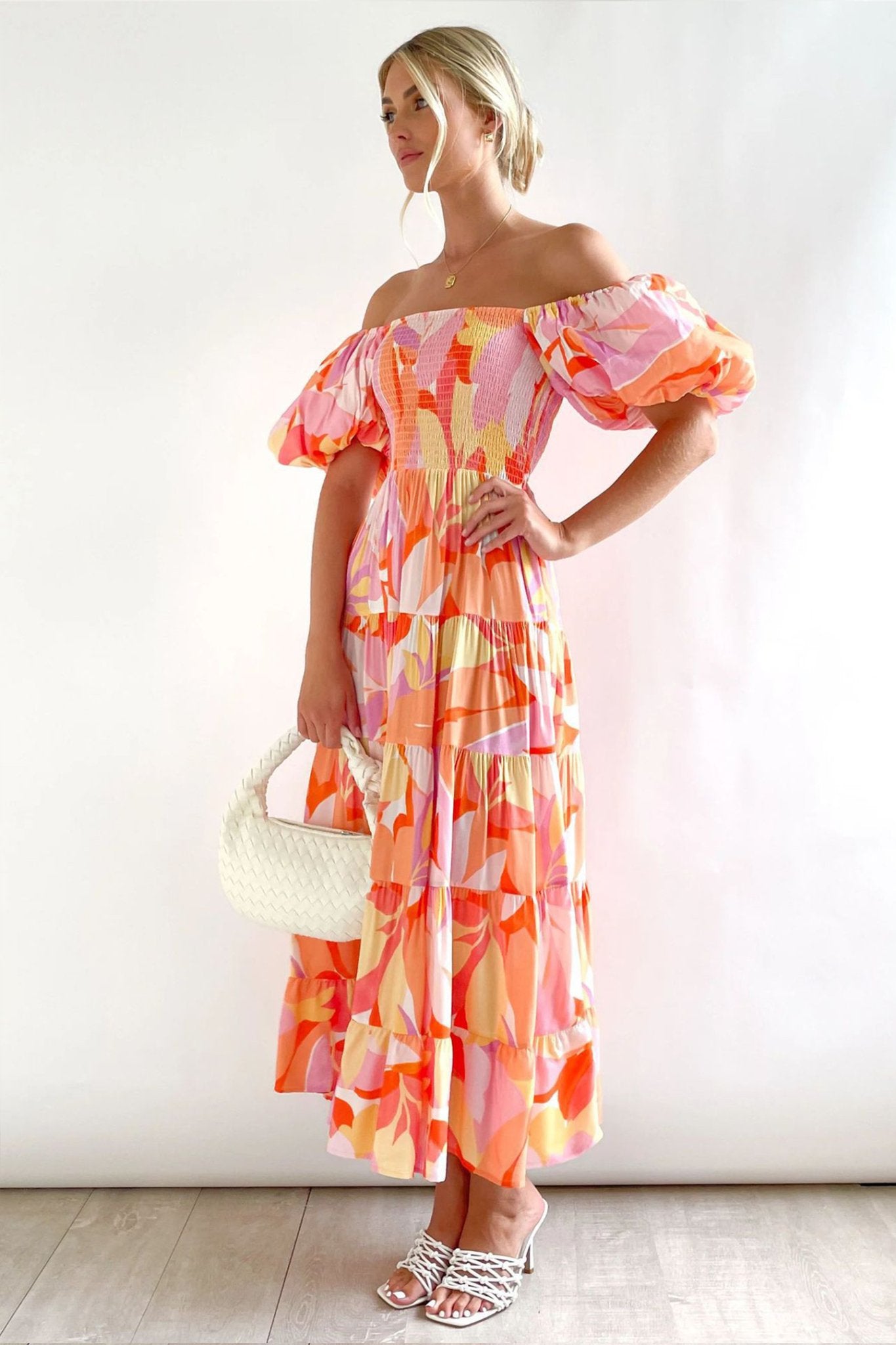 Andrea Printed Off-shoulder Puff Sleeve Tiered Maxi Dress
