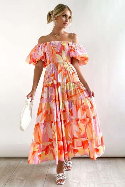 Andrea Printed Off-shoulder Puff Sleeve Tiered Maxi Dress